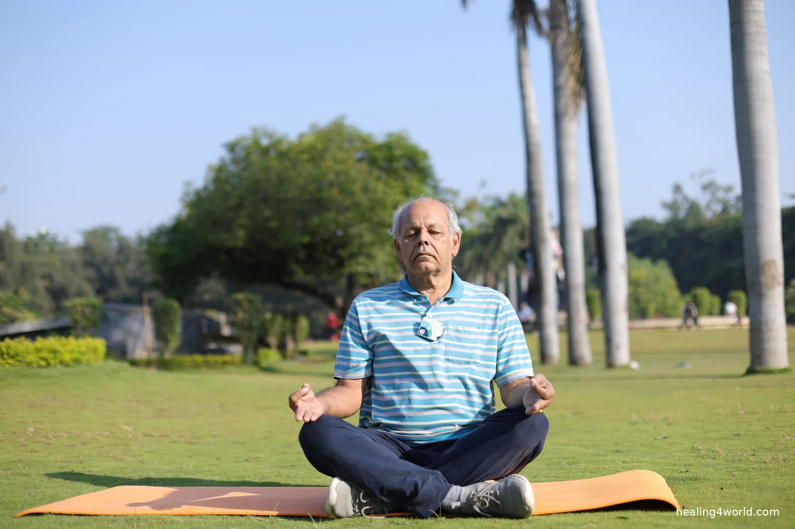 An older man meditating on a yoga mat in a park, wearing Healy on his shirt