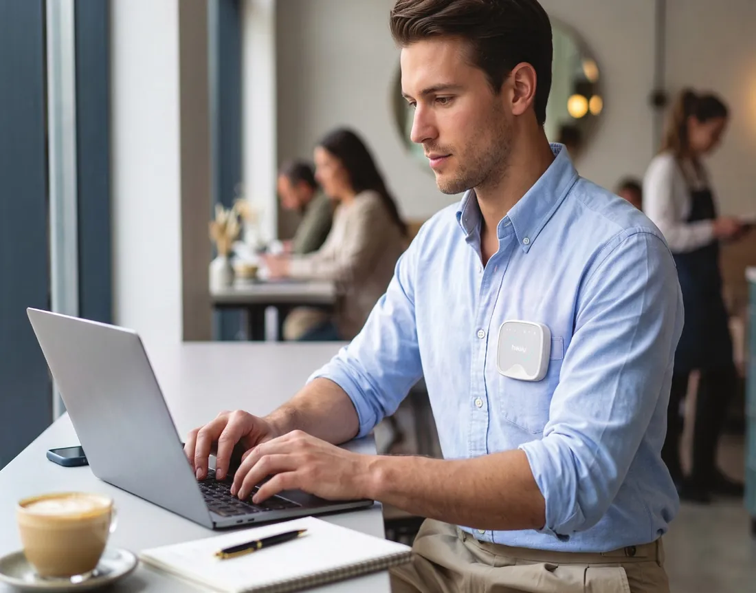 A man working on a laptop in a café, wearing Healy 3