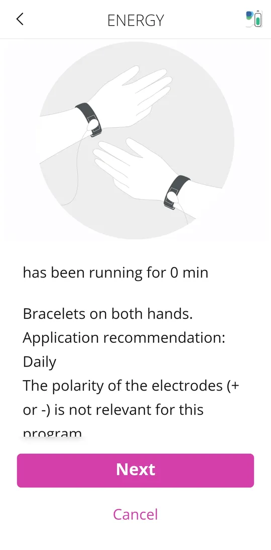 Healy app screen showing wristband placement for the Energy program