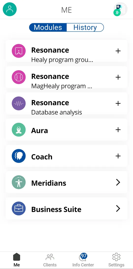HealAdvise Analyse 2 showing the Resonance, Aura, Coach, Meridians and Business Suite modules